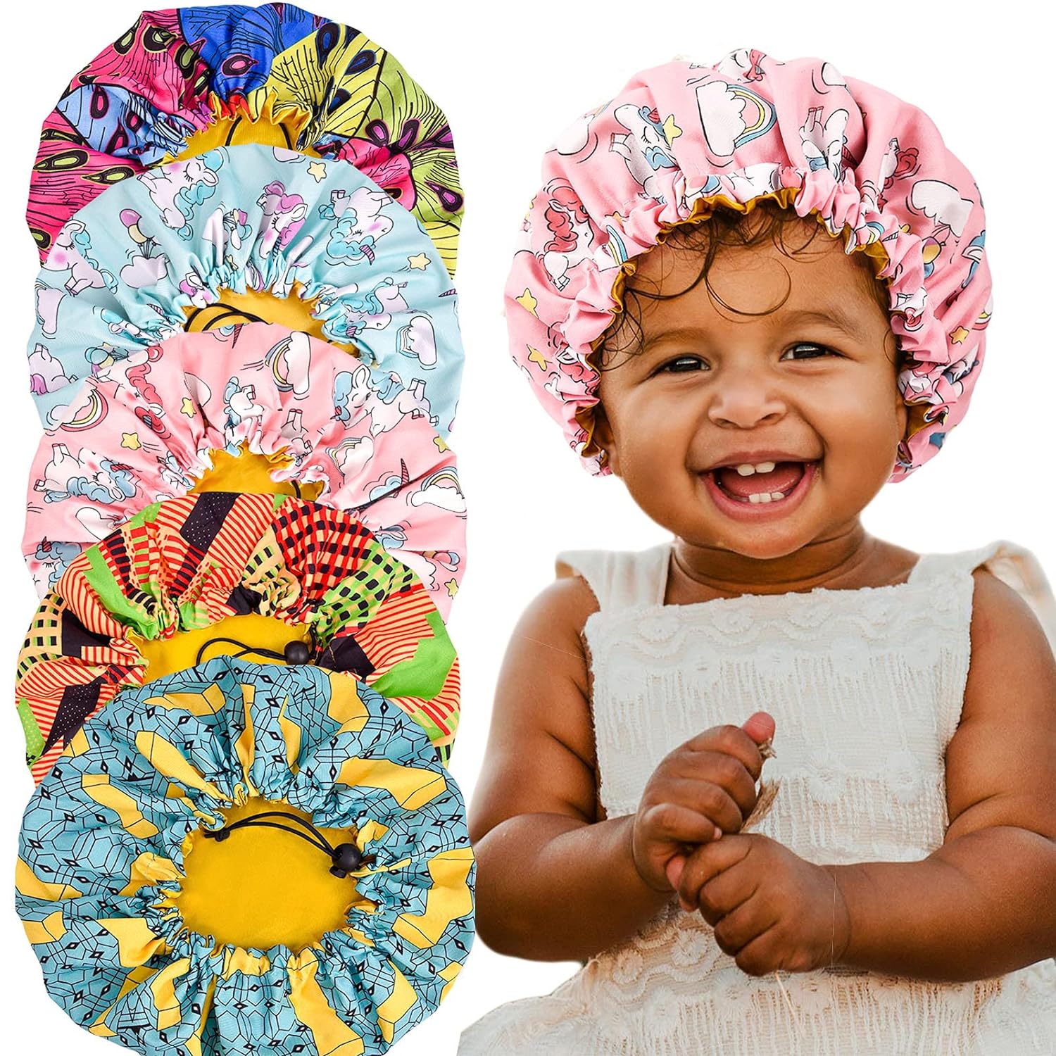 5 Pieces Kids Satin Bonnet Adjustable Sleeping Cap Soft Silk Hair Bonnet Flower Night Hats for Natural Hair Teens Toddler Child Baby Reversible Double