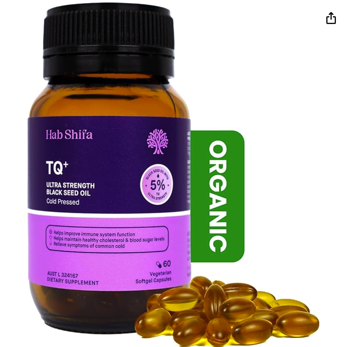 Hab Shifa Ultra Strength Premium Black Seed Oil 60 Capsules with 5% TQ | 500mg Softgel Vegan Capsules | 100% Cold Pressed Organic Nigella Sativa Black Cumin Seeds | Thymoquinone & Omega 3 6 9 for Immune Support, Hair, Skin, Heart & Wellness